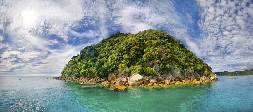 Spherical and verdant rocky island, Tonga Island, Tonga Bay, Abel Tasman National Park, Tasman Region, Southland, New Zealand