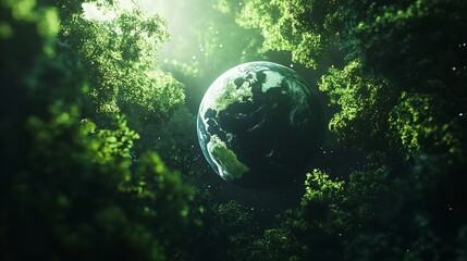 Earth surrounded by green foliage with sunlight shining through in an artistic rendering
