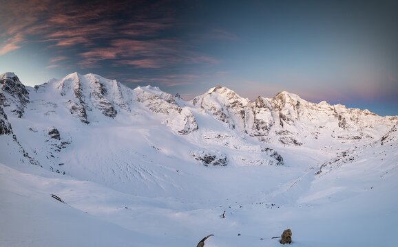 Winter mountain panorama on the Diavolezza in the morning mood, view of the Bernina Group, Piz Pal&uuml;, Bellavista, Piz Bernina, Persgletscher, Morteratsch Glacier, Engadine, Switzerland