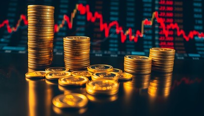 Gold coins stacked in columns against a backdrop of fluctuating stock market graphs.