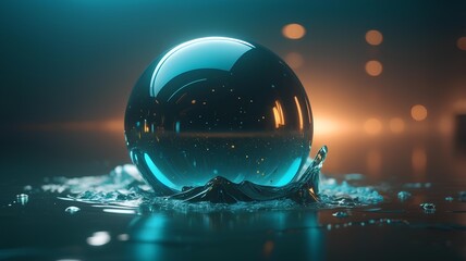 A glowing crystal sphere makes a dramatic splash on a reflective surface, illuminated by futuristic neon and warm bokeh lights.