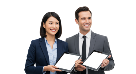 Business team, man and woman holding tablet and smiling isolated on white or transparent background