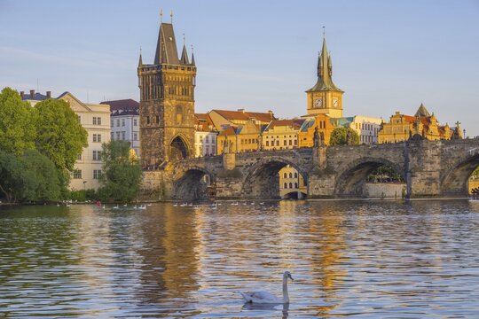 Vltava River and Charles Bridge, Old Town Bridge Tower, Water Tower of the old mill, Prague, Bohemia, Czech Republic