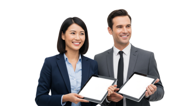 Business team, man and woman holding tablet and smiling isolated on white or transparent background