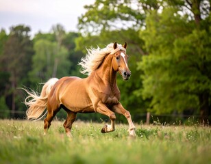 Obraz premium Semi-Realistic Digital Painting of Horse Running Across Meadow with Dynamic Motion and Flowing Mane