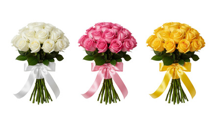 Collection of bouquet of white roses, yellow roses and pink rose isolated on white or transparent background