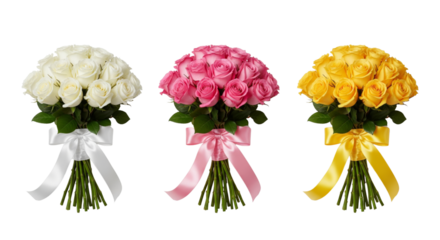Collection of bouquet of white roses, yellow roses and pink rose isolated on white or transparent background