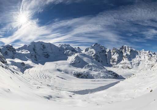 Winter mountain panorama on the Diavolezza, view of the Bernina Group, Piz Pal&uuml;, Bellavista, Piz Bernina, Persgletscher, Morteratsch Glacier, Engadine, Switzerland
