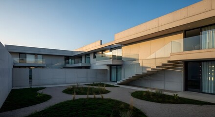 Exterior view of a modern concrete building with walkways and a courtyard under a clear blue sky