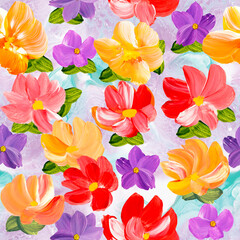 Seamless pattern of abstract flowers, original hand drawn, impressionism style, color texture, brush strokes of paint, white background.