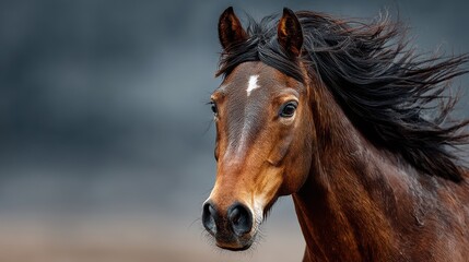 Obraz premium Majestic brown horse with flowing mane against a blurred dark background