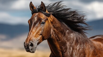 Fototapeta premium Majestic horse with flowing mane stands against a dramatic sky background in an open landscape during daylight hours