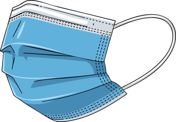Illustration of a blue surgical face mask with white ear loops, depicted against a white background.