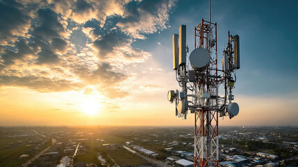 Wireless 5G global network technology for communication with antenna tower concept. A stunning sunset view of a telecommunications tower.