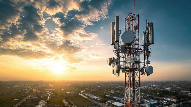 Wireless 5G global network technology for communication with antenna tower concept. A stunning sunset view of a telecommunications tower. - Powered by Adobe