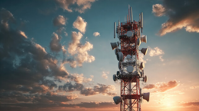 Wireless 5G global network technology for communication with antenna tower concept. Modern communication tower against a vibrant sunset sky.