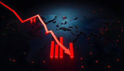 Global economic downturn visualized with a sharply falling red graph superimposed on a dark world map, illustrating a significant financial crisis.