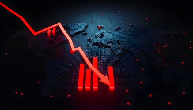 Global economic downturn visualized with a sharply falling red graph superimposed on a dark world map, illustrating a significant financial crisis.