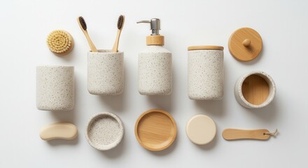 Ecofriendly bathroom accessories isolated on white background for sustainable hygiene and wellness