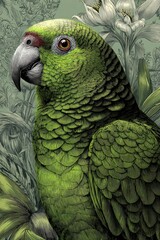Obraz premium Detailed close-up portrait of a vibrant green parrot