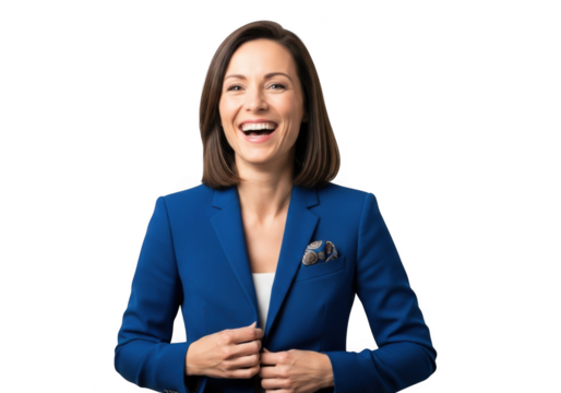 Professional smiling woman in blue business suit stock photo, portrait of happy female executive, isolated on transparent background - Powered by Adobe