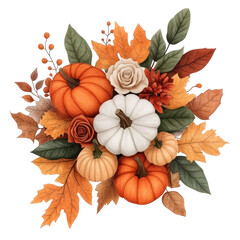 Fototapeta premium A watercolor painting featuring pumpkins, roses, and autumn leaves