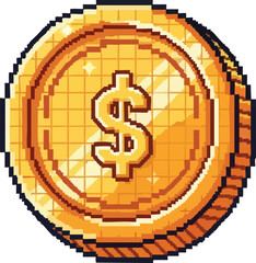 Pixel art depiction of a gold coin featuring a dollar sign.
