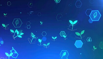 Digital Ecology: Glowing Plant Icons and Hexagons on a Gradient Blue Background