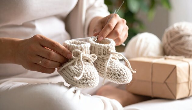 Pregnant Woman Knitting Baby Booties