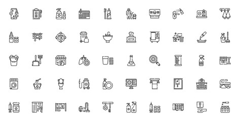 Hygiene and disinfection icon set. Clean vector symbols pack. Includes disinfection, cleaning tools, dental hygiene, quarantine, virus, hospital, medicine, vaccination and more. Editable stroke.