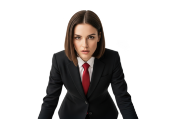 Professional businesswoman in suit looking downwards png image for design projects, stock photos, and marketing visuals isolated on transparent background