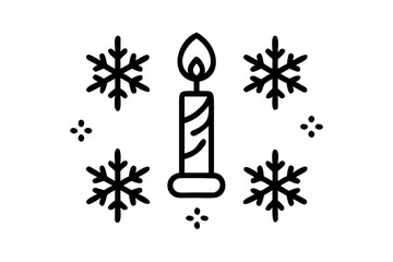 Silhouette of a Christmas candle with a glowing flame surrounded by snowflakes on a white background
