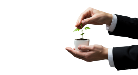 Professional hands in white cuff gently cradle a tiny green seedling in a minimalist white pot against a light grey studio background with bokeh and copy space, concept of new business growth and