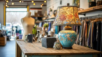 Fototapeta premium A cozy and warm thrift store counter with a decorative lamp on a wooden table, a mannequin, and clothing racks in the background.