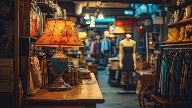 A cozy and modern thrift store counter with a stylish lamp on a wooden display table, a mannequin, and curated racks of second-hand clothing.