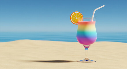 Colorful tropical drink resting on sandy beach with ocean view under clear blue sky