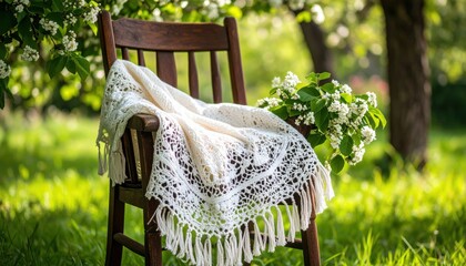 Vintage Wooden Chair With Lace Blanket And Spring Flowers