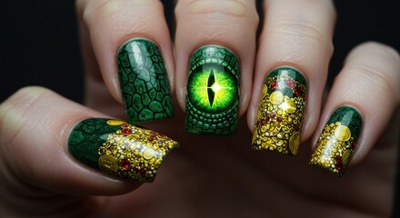 Mystical Green Dragon Eye Nail Art Design