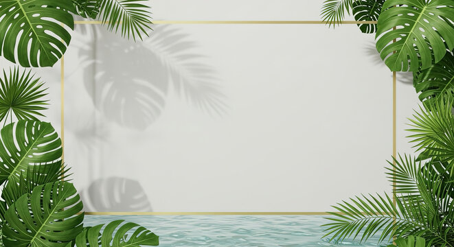 Lush tropical leaves create a natural border around a calm water surface, frame with copy space in the center