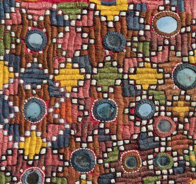 Traditional wall hanging from Rajasthan, colourful, inlaid with mirrors, detail, Udaipur, Rajasthan, India