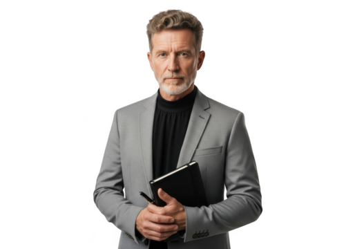 Serious mature businessman holding tablet and pen wearing a suit png image for design isolated on transparent background - Powered by Adobe