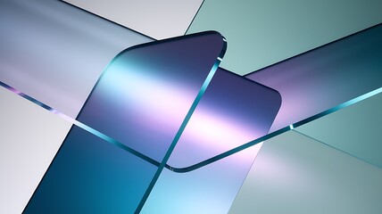 Abstract 3d macro background with crystal glass holographic transparent cube blocks render. Purple blue square plate shapes with rainbow light prism effect, hologram gradient texture. 3D illustration