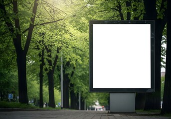 Fototapeta premium A blank billboard stands on the street in a park surrounded by green trees