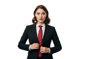 Surprised businesswoman in suit with red tie png image for presentations and design projects, isolated on transparent background
