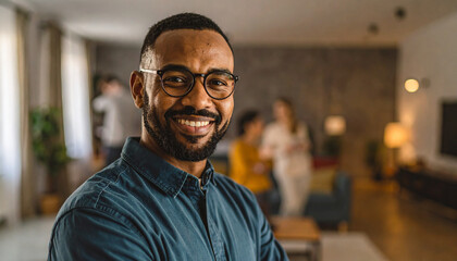 A smiling African American man wearing glasses and a blue shirt, posing confidently in a modern office or living space with colleagues in the background.