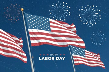 American flags waving under a festive fireworks display