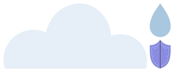 Soft blue cloud with a water droplet and purple shield symbolizing security, conservation, and protection. Ideal for data storage, cybersecurity, environmental safety, water conservation, cloud