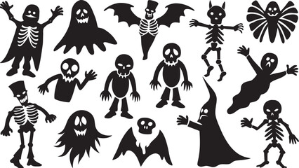 Silhouetted Halloween Characters Skeletons Ghosts Bats and Monsters for Spooky Designs