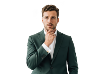 Thoughtful businessman in green suit portrait png, professional man posing, isolated cutout image, hand on chin, serious expression, isolated on transparent background