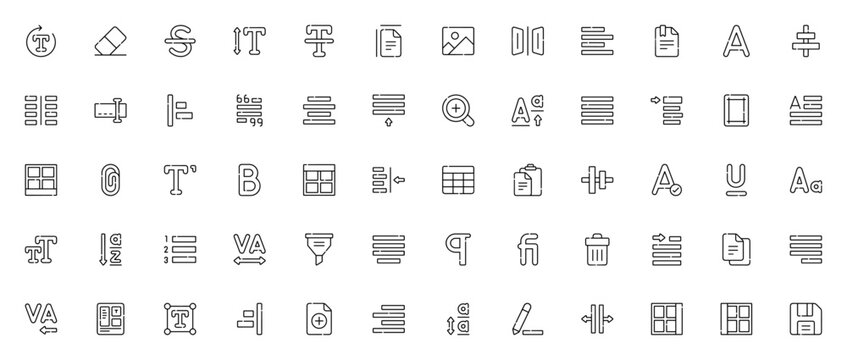 Text editor icon set. Minimal vector icons pack. Includes symbols for rotation, erase, strikethrough, document, font, alignment, spacing, underline, bold, paste, table and more. Editable stroke.